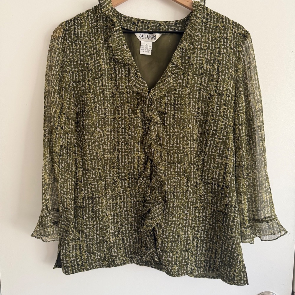 Allison Taylor 100% Silk Blouse Womens Large Olive Green Ruffle Classy Chic
